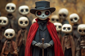 Obraz premium A tall, thin young villain in a red cloak with a cane in his hands. He has a top hat on his head, a thin Spanish beard. The man stands against a background of stone puppets