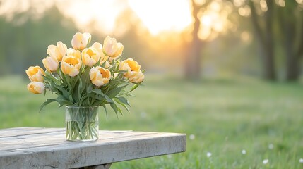 Spring flora display bouquet of yellow tulips in nature scenic outdoor setting