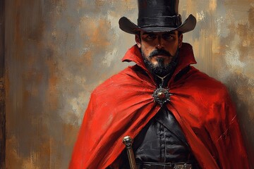 
A tall, thin young villain in a red cloak with a cane in his hands. He has a top hat on his head, a thin Spanish beard. The man stands against a background of stone puppets