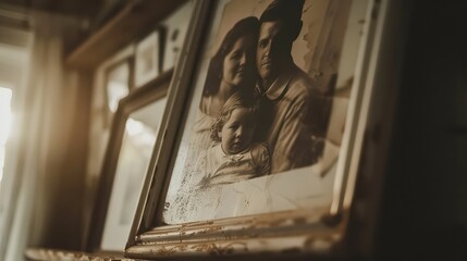 A close-up of a classic, white wooden frame surrounding a vintage family photo with soft lighting. 