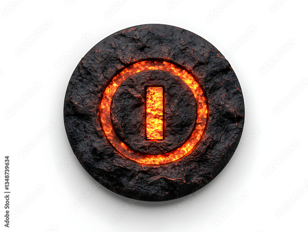 Poster a glowing power symbol embedded in a textured, dark surface, resembling lava, creating a striking co