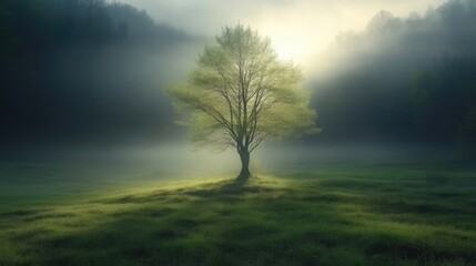 Fototapeta premium Solitary tree bathed in morning light, misty meadow
