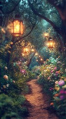 Magical forest garden path enchanted.