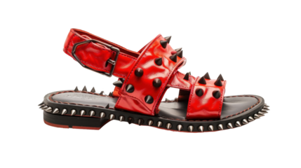 Red leather sandal with spikes isolated on transparent background