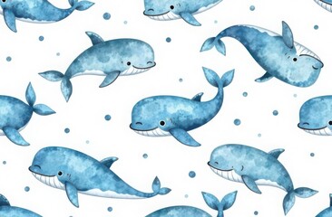 Fototapeta premium Seamless watercolor pattern with whales on a white background