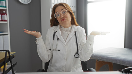Woman doctor with red hair shrugs in clinic office wearing stethoscope suggesting confusion or uncertainty in medical decision making process.