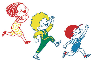 24 Colorful cartoon children, diverse hairstyles, simple shapes, playful poses, jumping and running, vibrant primary colors, red yellow blue green, hand-drawn style, minimalist characters, joyful expr