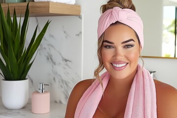 Smiling woman in pink towel headwrap natural beauty wellness skincare routine healthy lifestyle modern portrait high resolution stock image
