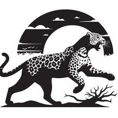 Leaping Wildcat, Black leopard, panther head - vector cut out silhouette, Leopard head logotype or mascot hand drawn ink sketch. Engraving style vector illustration, cheetah.