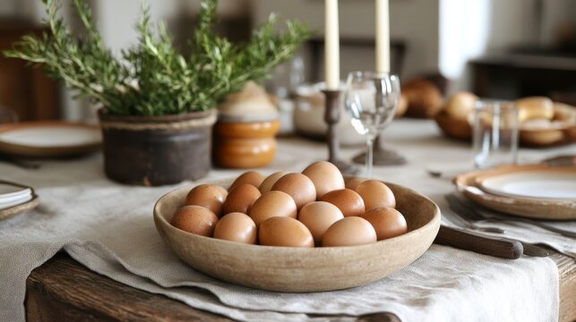Brown Eggs in a Wooden Bowl on Table