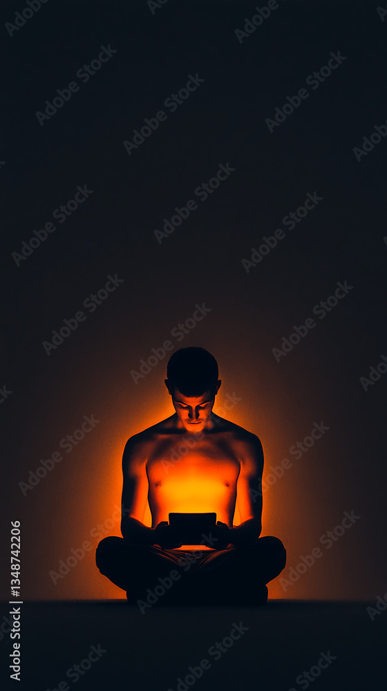 Poster a person sits cross-legged in darkness, illuminated by a warm glow from a device, creating a serene 