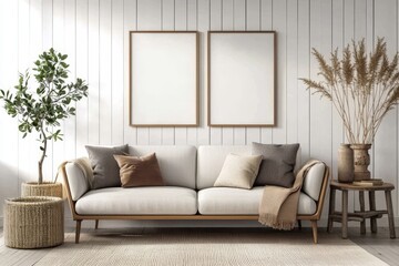 Fototapeta premium Empty picture frame against a white wall in a contemporary living room.