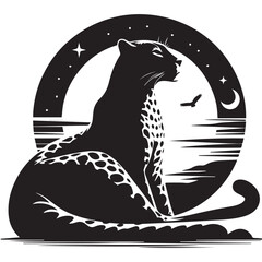 Leaping Wildcat, Black leopard, panther head - vector cut out silhouette, Leopard head logotype or mascot hand drawn ink sketch. Engraving style vector illustration, cheetah.
