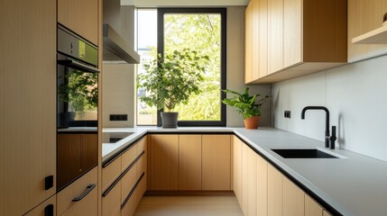 A minimalist galley kitchen with light oak cabinets and subtle black hardware, a single potted plant by the window, and