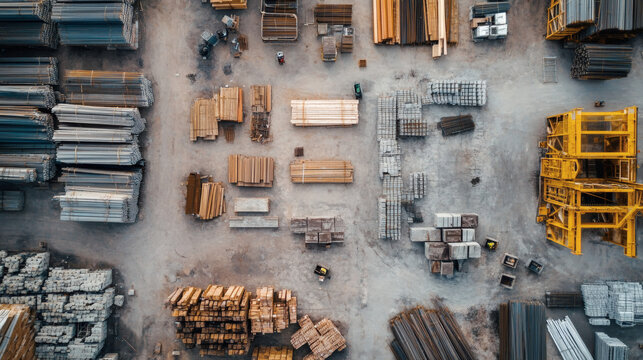 Aerial View of Stockpiled Lumber and Timber in an Industrial Yard Featuring Varied Wood Tones and Textural Patterns Under Natural Daylight