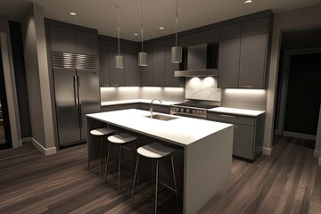 Fototapeta premium Modern kitchen island, dark gray cabinets, white countertops, hardwood floors, evening ambiance