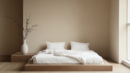 A minimalist Japandi-style bedroom with a wooden platform bed, white linen bedding, neutral walls, and a single vase with fresh
