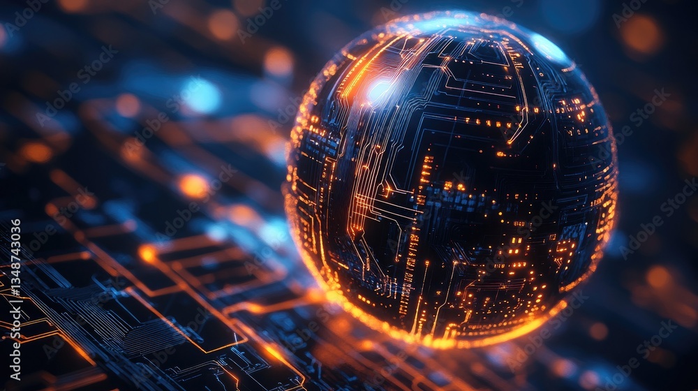 Poster futuristic globe with circuit patterns glowing in dark background
