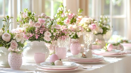 Elegant Easter Table Setting with Pastel Pink Flowers and Eggs