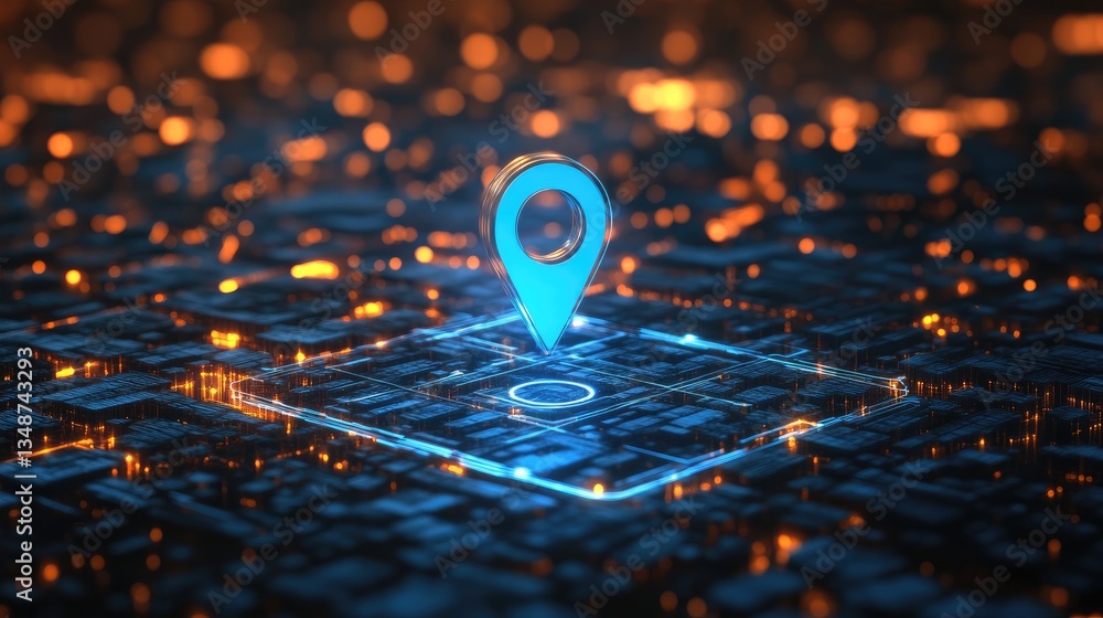 Poster digital navigation icon on abstract tech background in blue and orange
