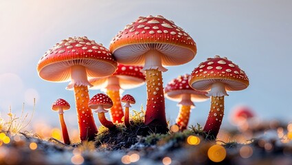 Bright red mushrooms with white spots grow in a forest clearing during sunset in autumn