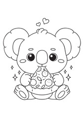 Coloring book koala eating pizza illustration