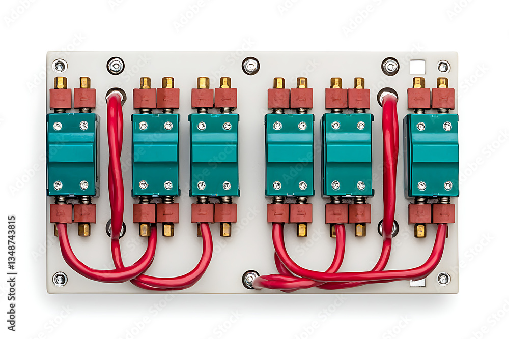 Poster a close-up view of a circuit breaker panel featuring multiple electrical components and red wiring, 