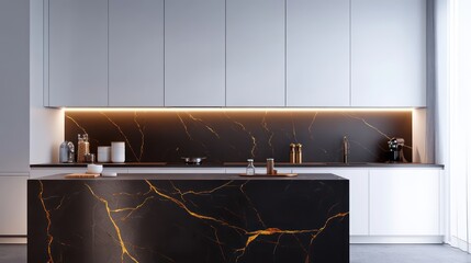 A minimalist kitchen with a dark marble countertop featuring subtle gold veins, white cabinetry, and a soft natural light effect,