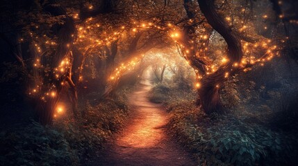 Mystical scene lights trees glowing.