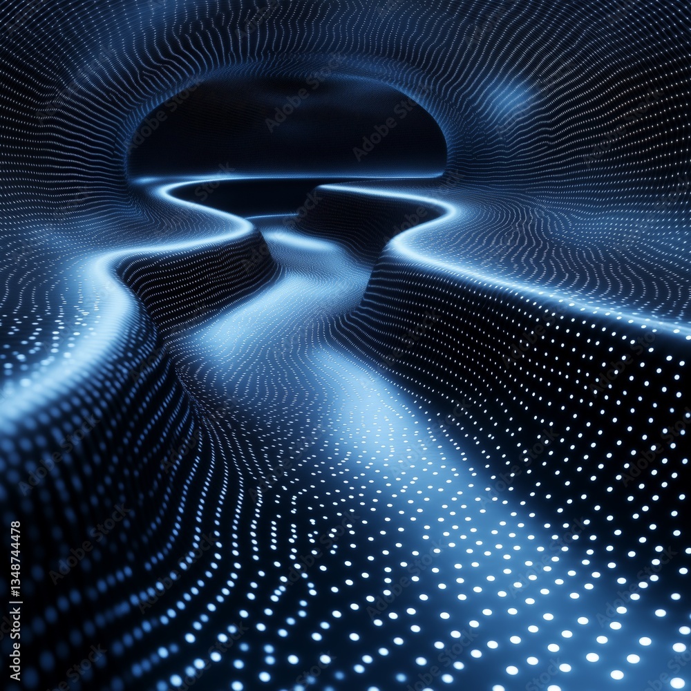 Poster abstract glowing tunnel: a digital landscape with luminous dots and winding path.