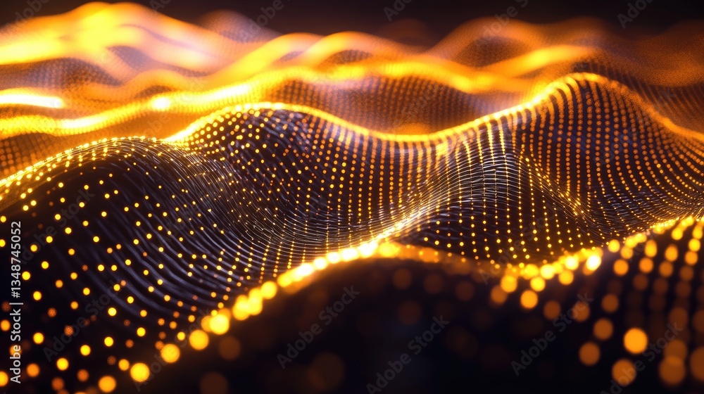 Poster abstract vibrant waves illuminated with golden and orange light patterns
