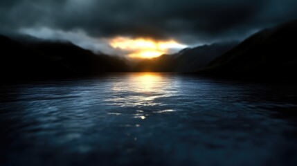 Dramatic sunset over a lake, dark mountains and clouds