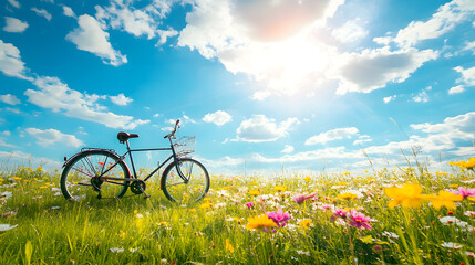 Bicycle in a field of wildflowers under a bright summer sky