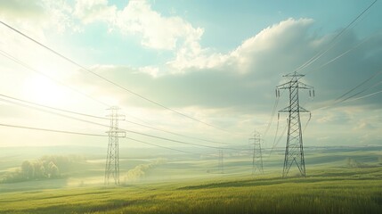 Serene Landscape with Power Lines Across Rolling Green Fields at Dusk