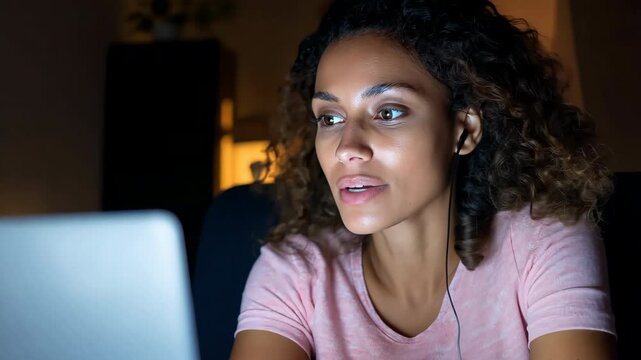 A woman is sitting in front of a laptop computer, looking at the screen. She is focused and engaged in whatever she is doing on the computer. Concept of concentration and productivity
