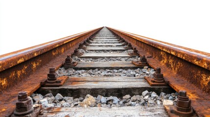 Rusty railway tracks extending into the distance on a white background.  Perspective view of metal rails, wooden ties, and ballast.