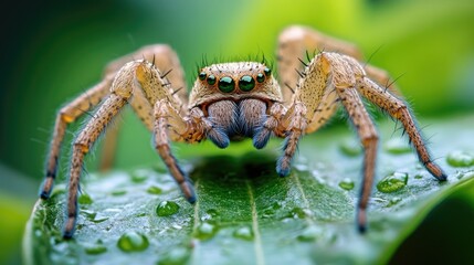 Close-Up of a Spider on a Leaf with Water Droplets