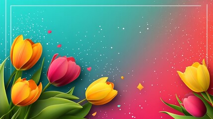 Vibrant tulips bloom brightly against a dreamy teal pink gradient background. AI Generated