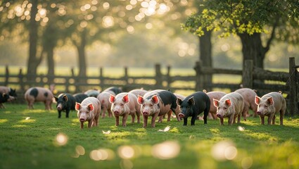 Pigs wander freely in a sunny farm field during late afternoon hours in a peaceful rural setting