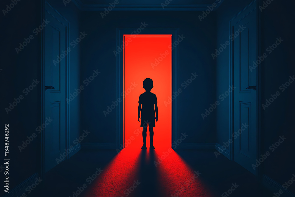 Poster a silhouette of a child stands in a dim corridor, illuminated by a striking red light from an open d