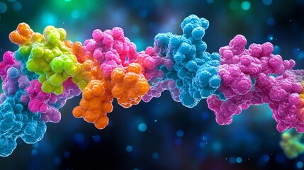 Vibrant colorful DNA helix glows brightly against dark background. AI Generated