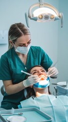 Dental hygienist performing a teeth cleaning procedure in a modern clinic setting