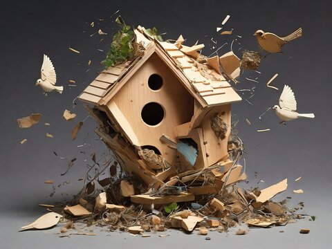 Destroyed scene birdhouse illustration backgroound