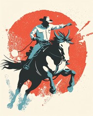 mid-century inspired western rodeo logo with a minimalist cowboy riding a bucking bronco, bold red white and blue tones, stylized flat illustration with vintage poster aesthetics