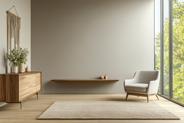 A minimalist living room featuring a sleek wooden console, a soft wool area rug, a clean-lined armchair, and a floor-to-ceiling