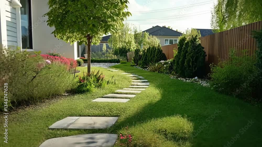 Aufkleber a path in a yard with a house in the background. the path is made of stones and is surrounded by pin