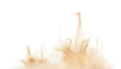 Small Fine size Sand flying explosion, Golden grain wave explode. Abstract cloud fly. Yellow colored sand splash throwing in Air. White background Isolated high speed shutter, throwing freeze