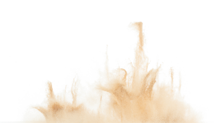 Small Fine size Sand flying explosion, Golden grain wave explode. Abstract cloud fly. Yellow colored sand splash throwing in Air. White background Isolated high speed shutter, throwing freeze