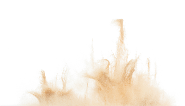 Small Fine size Sand flying explosion, Golden grain wave explode. Abstract cloud fly. Yellow colored sand splash throwing in Air. White background Isolated high speed shutter, throwing freeze