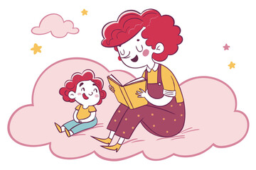 27 Whimsical illustration, mother and child reading together, sitting on pink cloud, curly red hair, colorful clothes, storybook, nurturing moment, children's book style, soft pastel colors, floating 